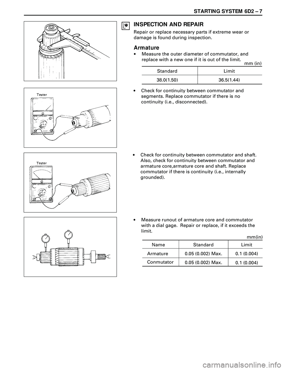 ISUZU TROOPER 1998  Service Repair Manual STARTING SYSTEM 6D2 Ð 7
INSPECTION AND REPAIR
Repair or replace necessary parts if extreme wear or
damage is found during inspection.
Armature
·Measure the outer diameter of commutator, and
replace 