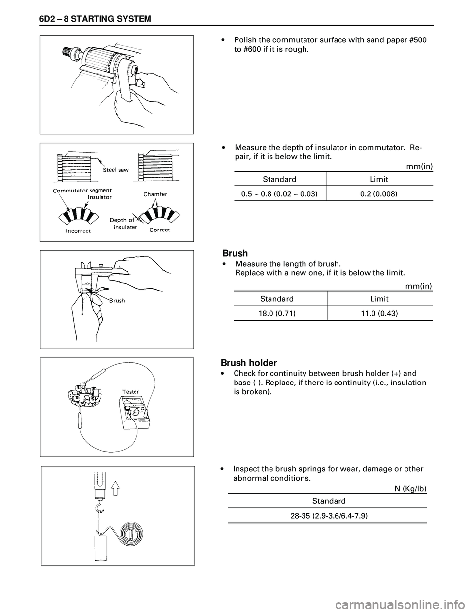 ISUZU TROOPER 1998  Service Repair Manual 6D2 Ð 8 STARTING SYSTEM
·Polish the commutator surface with sand paper #500
to #600 if it is rough.
·Measure the depth of insulator in commutator.  Re-
pair, if it is below the limit.
Brush
·Measu
