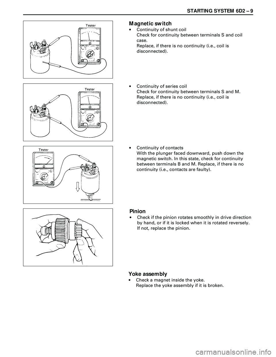 ISUZU TROOPER 1998  Service Repair Manual STARTING SYSTEM 6D2 Ð 9
Magnetic switch
·Continuity of shunt coil
Check for continuity between terminals S and coil
case.
Replace, if there is no continuity (i.e., coil is
disconnected).
·Continuit