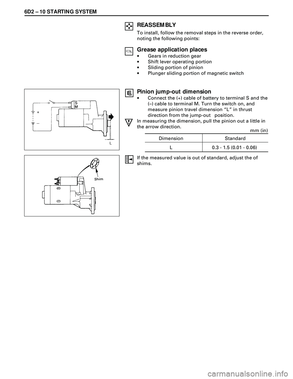 ISUZU TROOPER 1998  Service Repair Manual 6D2 Ð 10 STARTING SYSTEM
REASSEMBLY
To install, follow the removal steps in the reverse order,
noting the following points:
Grease application places
·Gears in reduction gear
·Shift lever operating