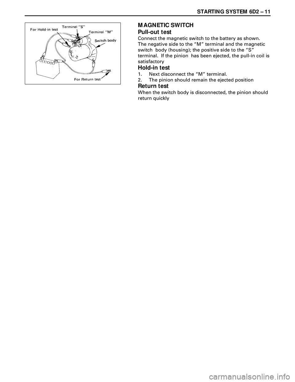 ISUZU TROOPER 1998  Service Repair Manual STARTING SYSTEM 6D2 Ð 11
MAGNETIC SWITCH
Pull-out test
Connect the magnetic switch to the battery as shown.
The negative side to the ÒMÓ terminal and the magnetic
switch  body (housing); the positi