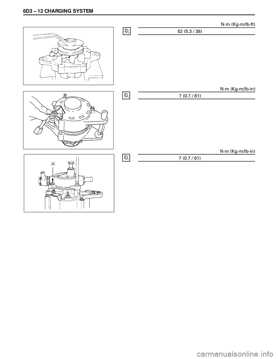 ISUZU TROOPER 1998 Service Repair Manual 6D3 Ð 12 CHARGING SYSTEM
52 (5.3 / 38)N·m (Kg·m/lb·ft)
7 (0.7 / 61)N·m (Kg·m/lb·in)
7 (0.7 / 61)N·m (Kg·m/lb·in) ISUZU TROOPER 1998 Service Repair Manual 6D3 Ð 12 CHARGING SYSTEM
52 (5.3 / 38)N·m (Kg·m/lb·ft)
7 (0.7 / 61)N·m (Kg·m/lb·in)
7 (0.7 / 61)N·m (Kg·m/lb·in)