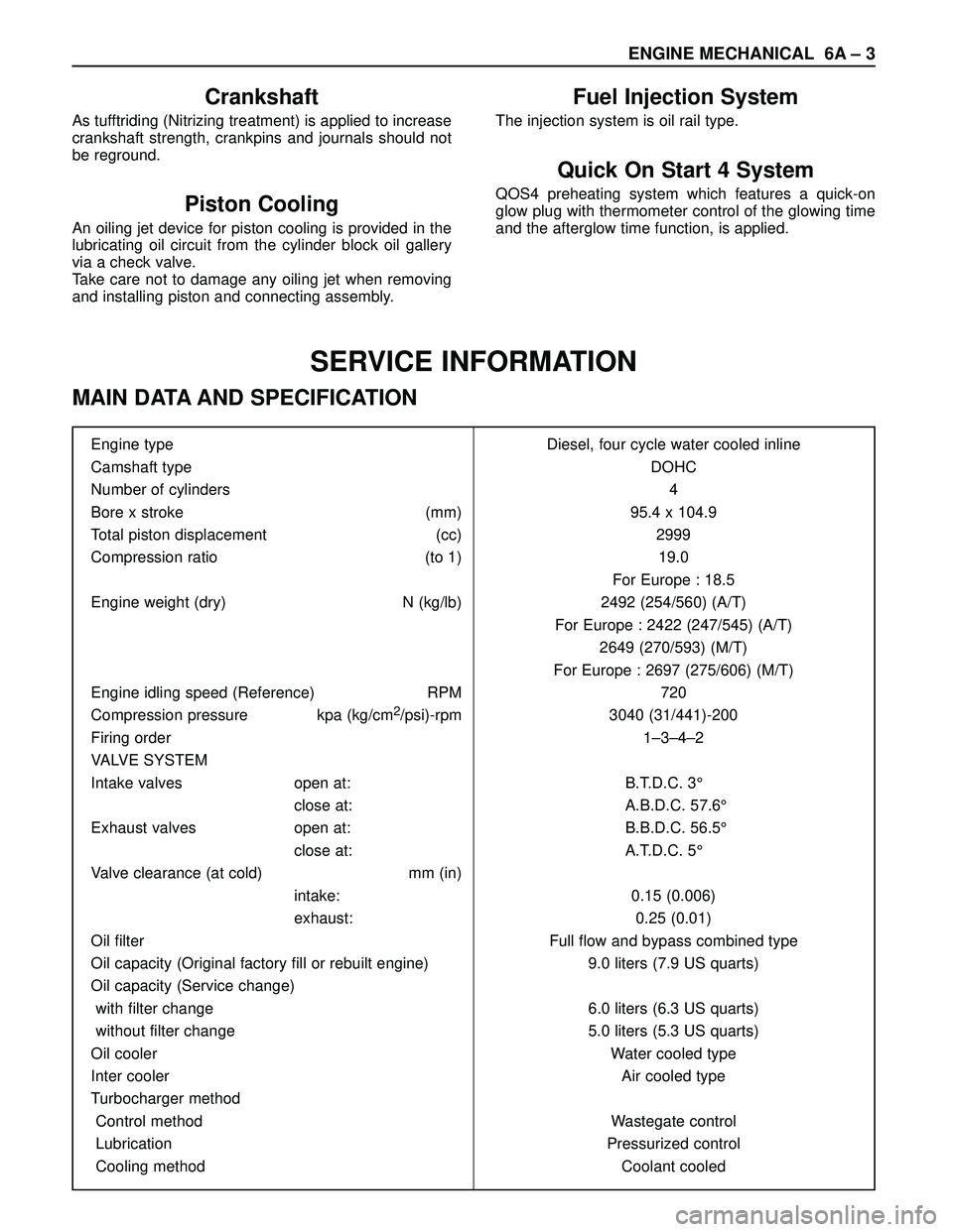 ISUZU TROOPER 1998  Service Repair Manual ENGINE MECHANICAL 6A – 3
SERVICE INFORMATION
MAIN DATA AND SPECIFICATION
Engine type Diesel, four cycle water cooled inline
Camshaft type DOHC
Number of cylinders 4
Bore x stroke (mm) 95.4 x 104.9
T