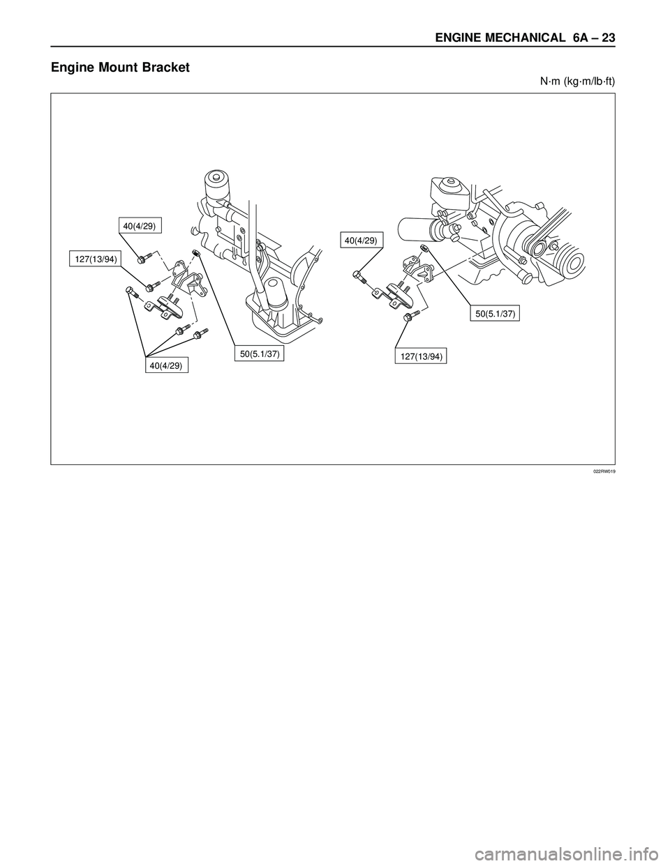 ISUZU TROOPER 1998  Service Repair Manual ENGINE MECHANICAL 6A – 23
Engine Mount Bracket
N·m (kg·m/lb·ft)
50(5.1/37)
50(5.1/37)127(13/94)
127(13/94)
40(4/29)
40(4/29)
40(4/29)
022RW019 