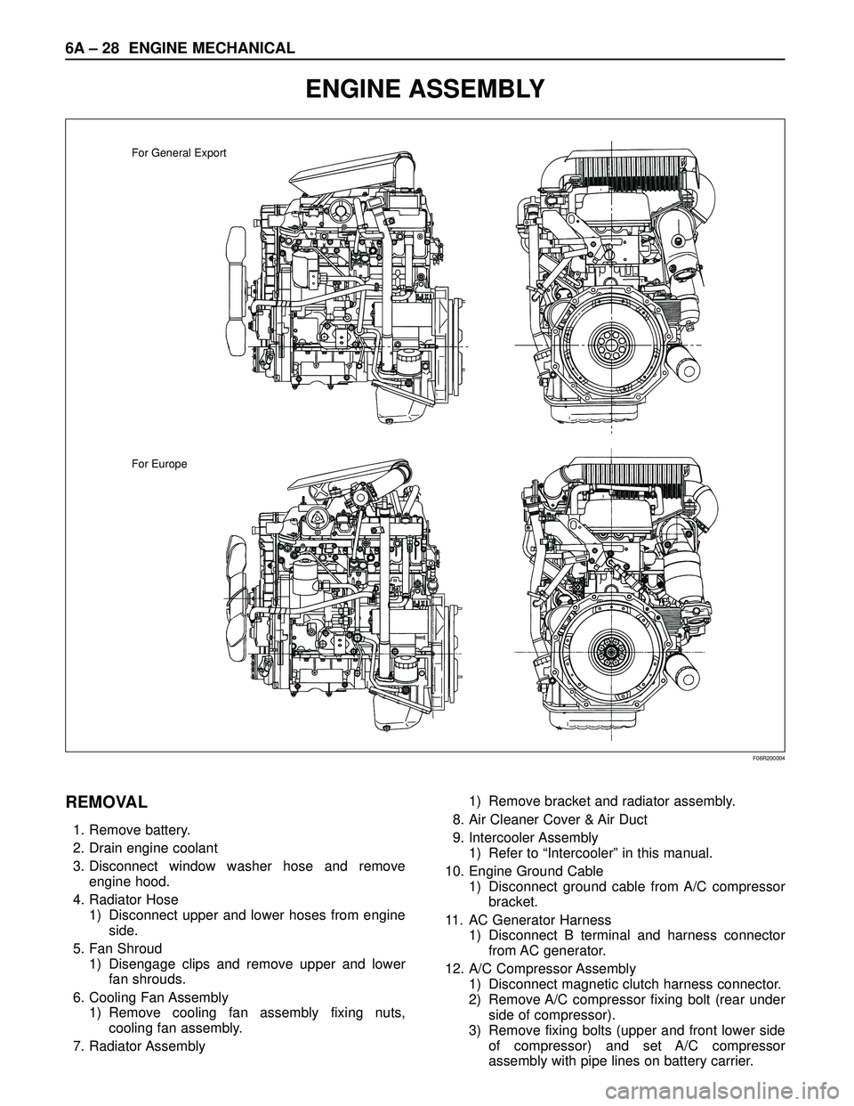 ISUZU TROOPER 1998  Service Repair Manual 6A – 28 ENGINE MECHANICAL
ENGINE ASSEMBLY
For General Export
For Europe
F06R200004
REMOVAL
1. Remove battery. 
2. Drain engine coolant
3. Disconnect window washer hose and remove
engine hood.
4. Rad