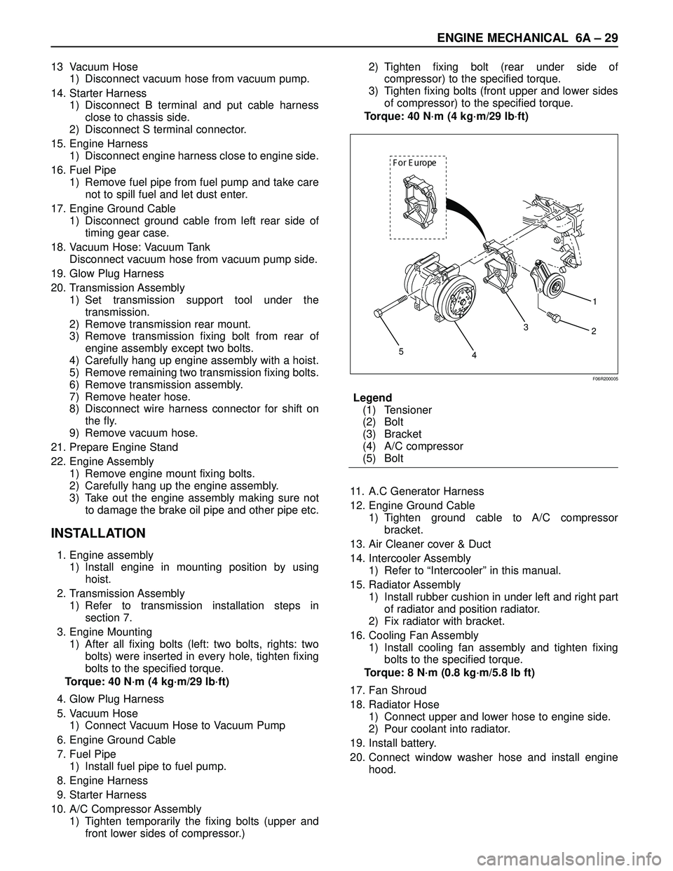 ISUZU TROOPER 1998  Service Repair Manual ENGINE MECHANICAL 6A – 29
13 Vacuum Hose
1) Disconnect vacuum hose from vacuum pump.
14. Starter Harness
1) Disconnect B terminal and put cable harness
close to chassis side.
2) Disconnect S termina