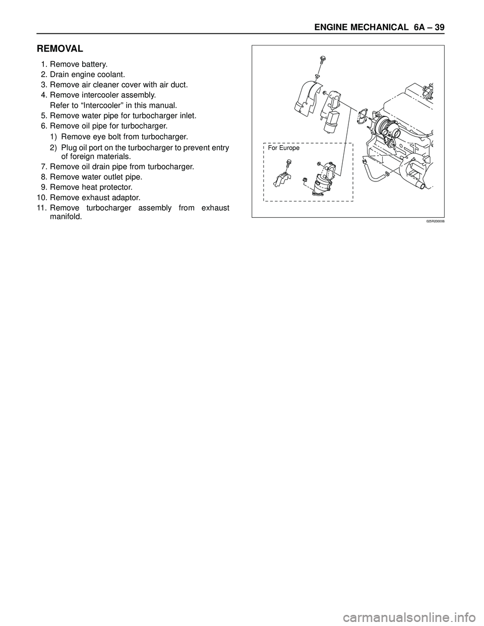 ISUZU TROOPER 1998  Service Repair Manual ENGINE MECHANICAL 6A – 39
REMOVAL
1. Remove battery.
2. Drain engine coolant.
3. Remove air cleaner cover with air duct.
4. Remove intercooler assembly.
Refer to “Intercooler” in this manual.
5.