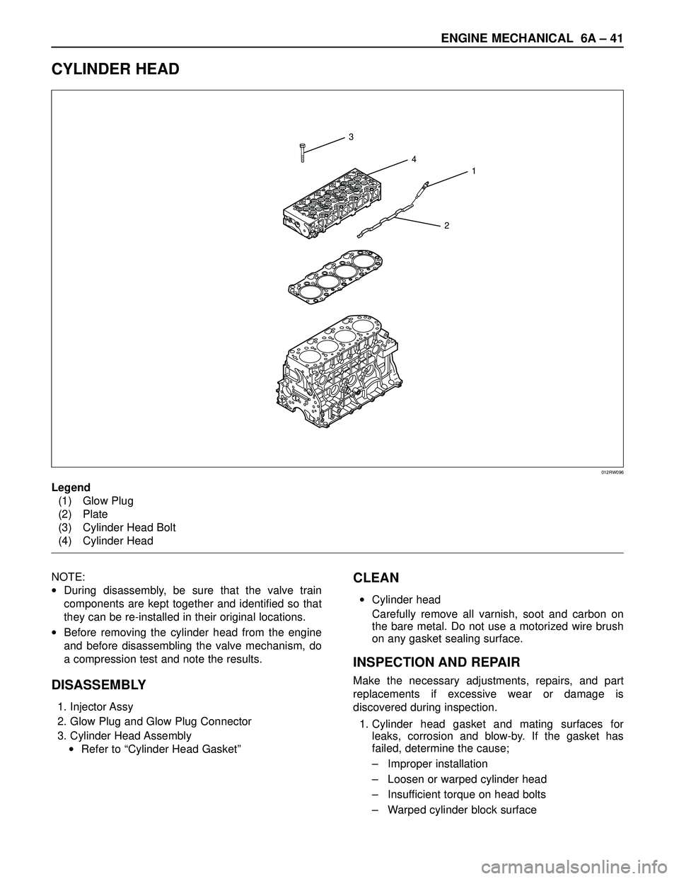 ISUZU TROOPER 1998  Service Repair Manual ENGINE MECHANICAL 6A – 41
CYLINDER HEAD
3
4
1
2
012RW096
Legend
(1) Glow Plug
(2) Plate
(3) Cylinder Head Bolt
(4) Cylinder Head
NOTE: 
•During disassembly, be sure that the valve train
components