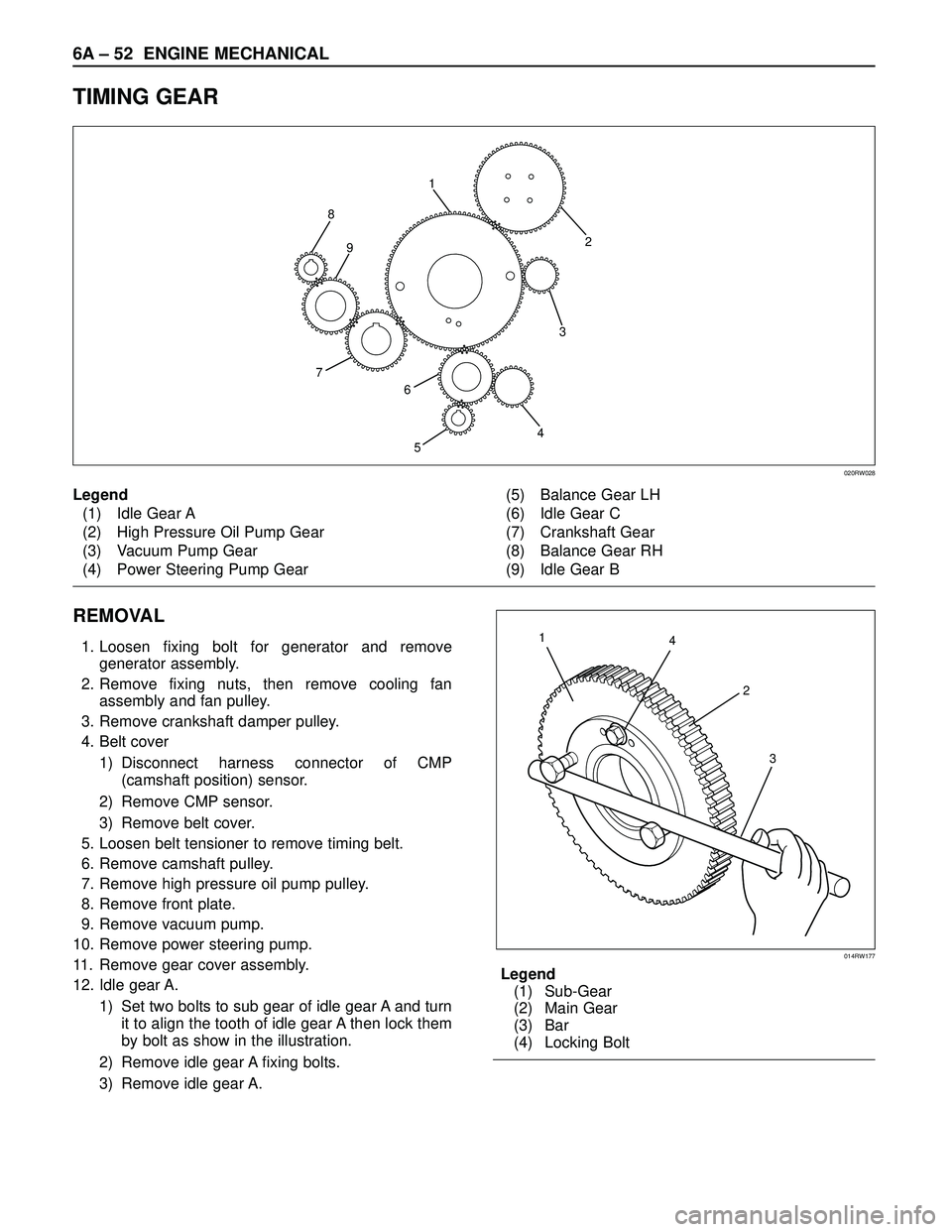 ISUZU TROOPER 1998 Service Repair Manual 6A – 52 ENGINE MECHANICAL
TIMING GEAR
REMOVAL
1. Loosen fixing bolt for generator and remove
generator assembly.
2. Remove fixing nuts, then remove cooling fan
assembly and fan pulley.
3. Remove cr ISUZU TROOPER 1998 Service Repair Manual 6A – 52 ENGINE MECHANICAL
TIMING GEAR
REMOVAL
1. Loosen fixing bolt for generator and remove
generator assembly.
2. Remove fixing nuts, then remove cooling fan
assembly and fan pulley.
3. Remove cr