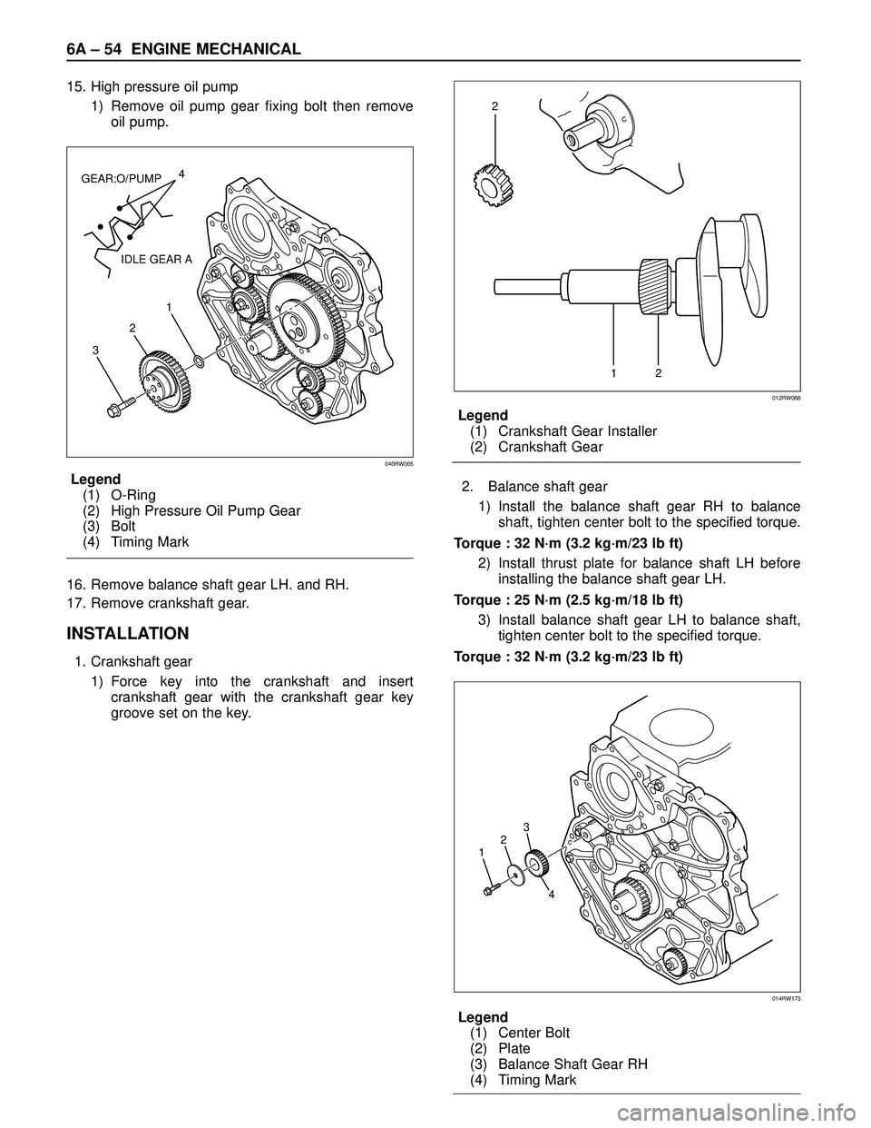 ISUZU TROOPER 1998  Service Repair Manual 6A – 54 ENGINE MECHANICAL
15. High pressure oil pump
1) Remove oil pump gear fixing bolt then remove
oil pump.
Legend
(1) O-Ring
(2) High Pressure Oil Pump Gear
(3) Bolt
(4) Timing Mark
16. Remove b