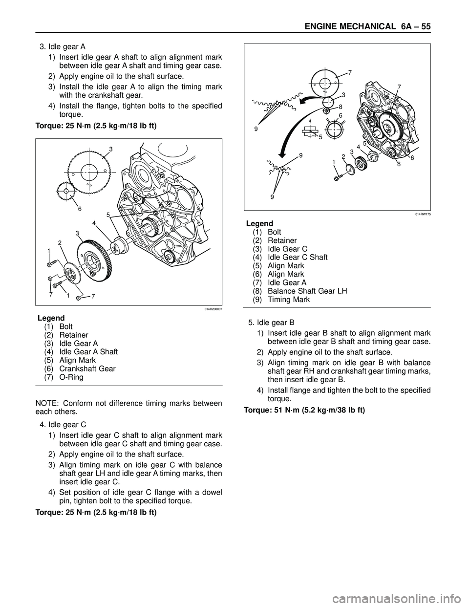ISUZU TROOPER 1998  Service Repair Manual ENGINE MECHANICAL 6A – 55
3. Idle gear A
1) Insert idle gear A shaft to align alignment mark
between idle gear A shaft and timing gear case.
2) Apply engine oil to the shaft surface.
3) Install the 