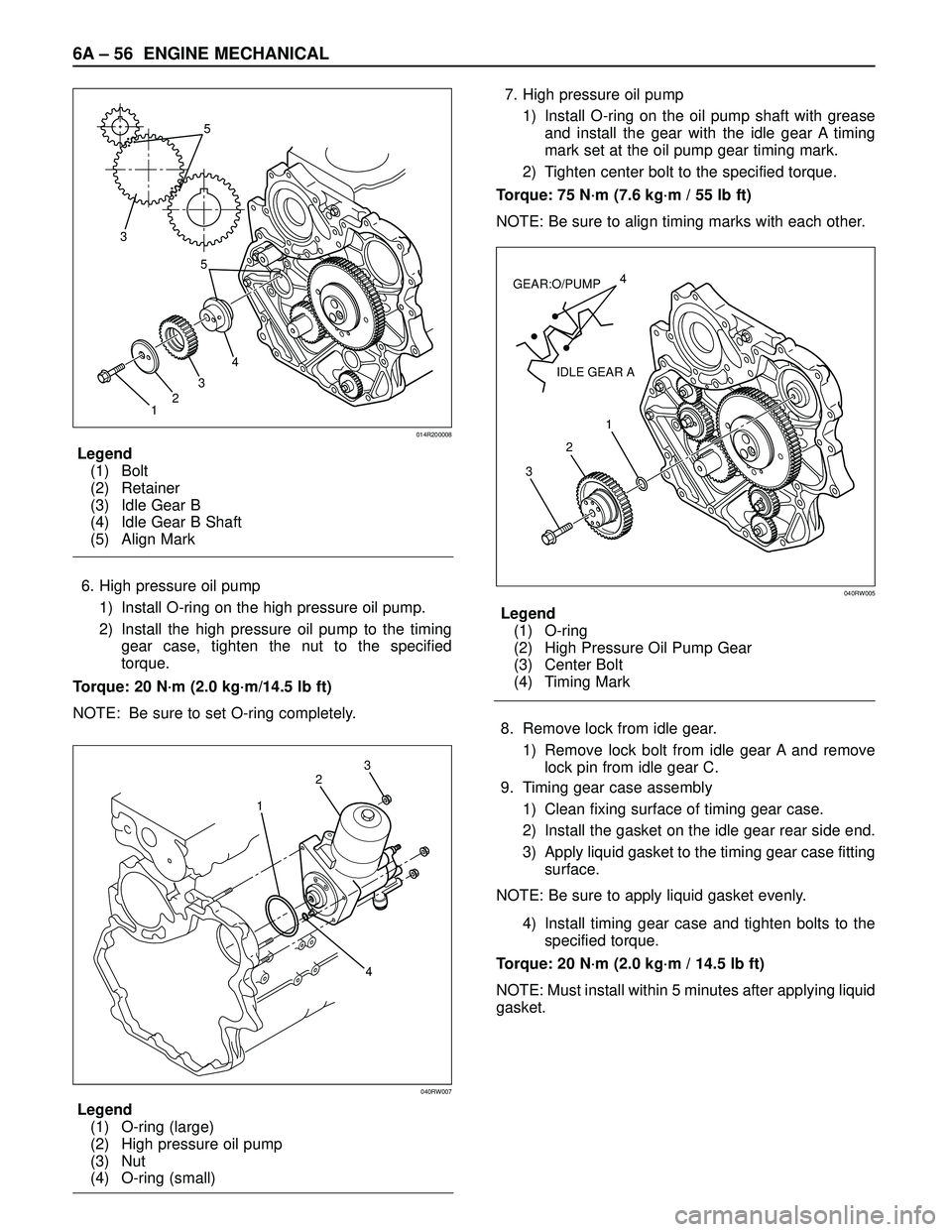 ISUZU TROOPER 1998  Service Repair Manual 6A – 56 ENGINE MECHANICAL
Legend
(1) Bolt
(2) Retainer
(3) Idle Gear B
(4) Idle Gear B Shaft
(5) Align Mark
6. High pressure oil pump
1) Install O-ring on the high pressure oil pump.
2) Install the 