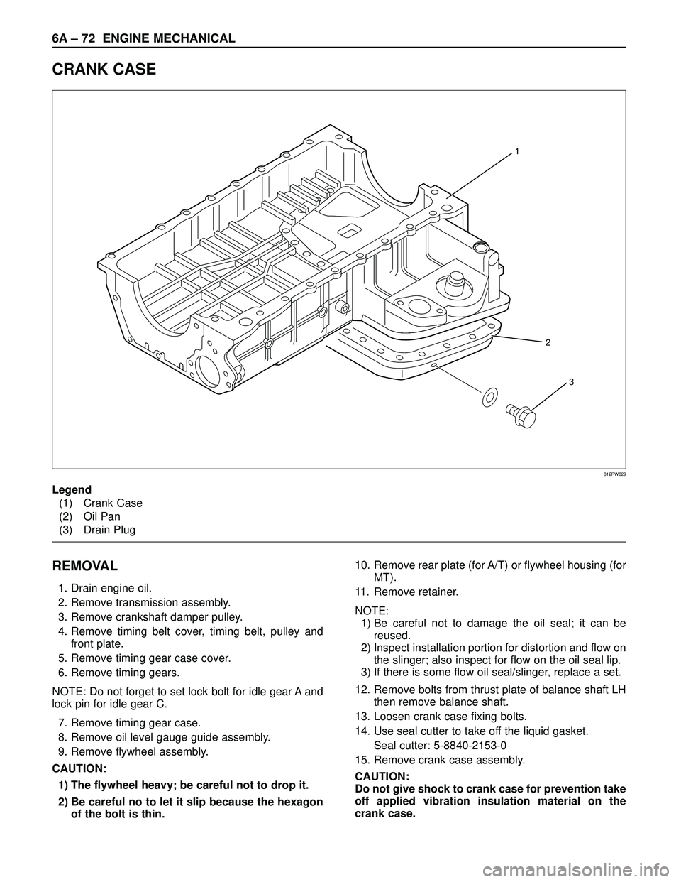 ISUZU TROOPER 1998  Service Repair Manual 6A – 72 ENGINE MECHANICAL
CRANK CASE
REMOVAL
1. Drain engine oil.
2. Remove transmission assembly.
3. Remove crankshaft damper pulley.
4. Remove timing belt cover, timing belt, pulley and
front plat