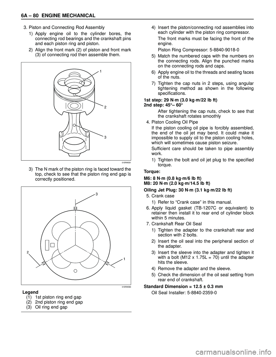 ISUZU TROOPER 1998 Service Repair Manual 6A– 80 ENGINE MECHANICAL
3. Piston and Connecting Rod Assembly
1) Apply engine oil to the cylinder bores, the
connecting rod bearings and the crankshaft pins
and each piston ring and piston.
2) Alig ISUZU TROOPER 1998 Service Repair Manual 6A– 80 ENGINE MECHANICAL
3. Piston and Connecting Rod Assembly
1) Apply engine oil to the cylinder bores, the
connecting rod bearings and the crankshaft pins
and each piston ring and piston.
2) Alig