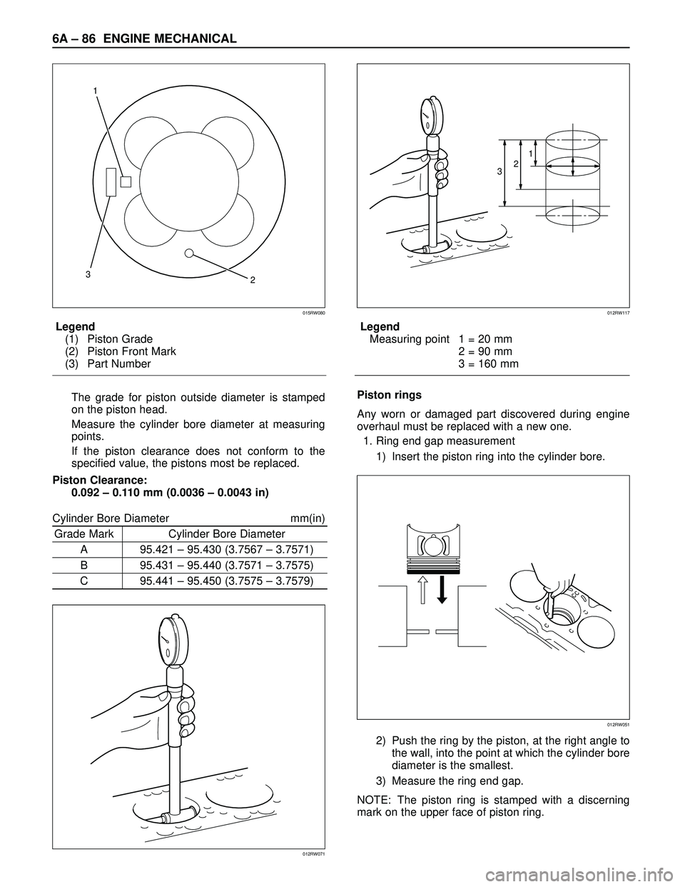 ISUZU TROOPER 1998  Service Repair Manual 6A– 86 ENGINE MECHANICAL
Legend
(1) Piston Grade
(2) Piston Front Mark
(3) Part Number
The grade for piston outside diameter is stamped
on the piston head.
Measure the cylinder bore diameter at meas