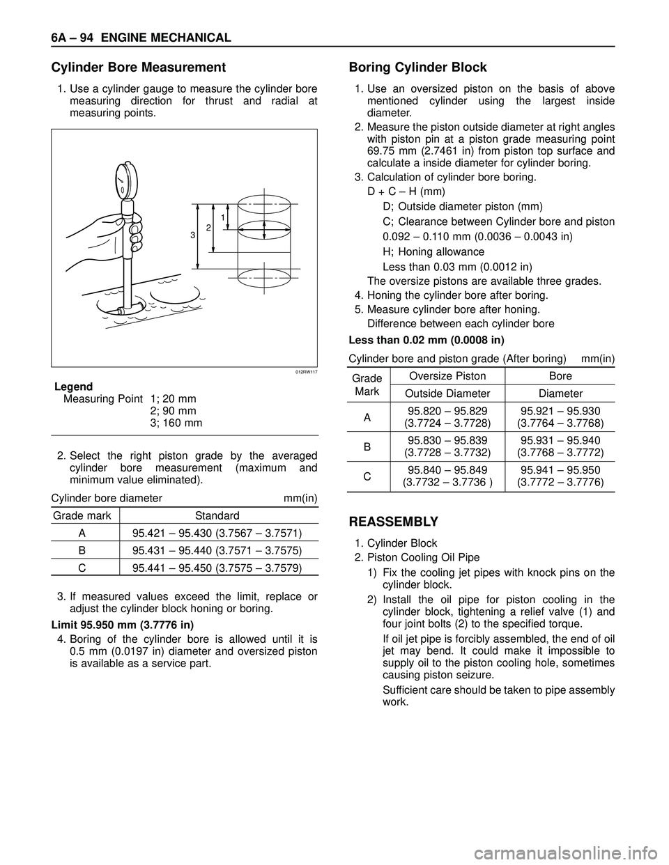 ISUZU TROOPER 1998  Service Repair Manual 6A– 94 ENGINE MECHANICAL
Cylinder Bore Measurement
1. Use a cylinder gauge to measure the cylinder bore
measuring direction for thrust and radial at
measuring points.
Legend
Measuring Point 1; 20 mm