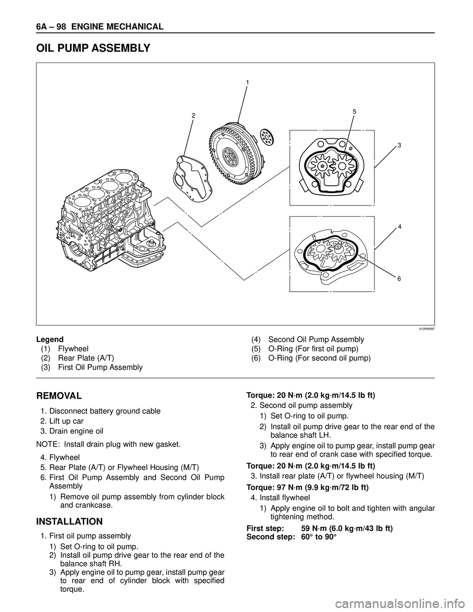 ISUZU TROOPER 1998  Service Repair Manual 6A– 98 ENGINE MECHANICAL
OIL PUMP ASSEMBLY
2
1
5
6
3
4
012RW097
Legend
(1) Flywheel
(2) Rear Plate (A/T)
(3) First Oil Pump Assembly(4) Second Oil Pump Assembly
(5) O-Ring (For first oil pump)
(6) O