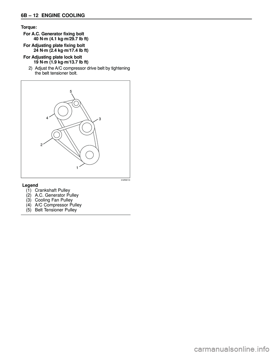 ISUZU TROOPER 1998  Service Repair Manual 6B – 12 ENGINE COOLING
Torque:
For A.C. Generator fixing bolt
40 N·m (4.1 kg·m/29.7 lb ft)
For Adjusting plate fixing bolt
24 N·m (2.4 kg·m/17.4 lb ft)
For Adjusting plate lock bolt
19 N·m (1.9