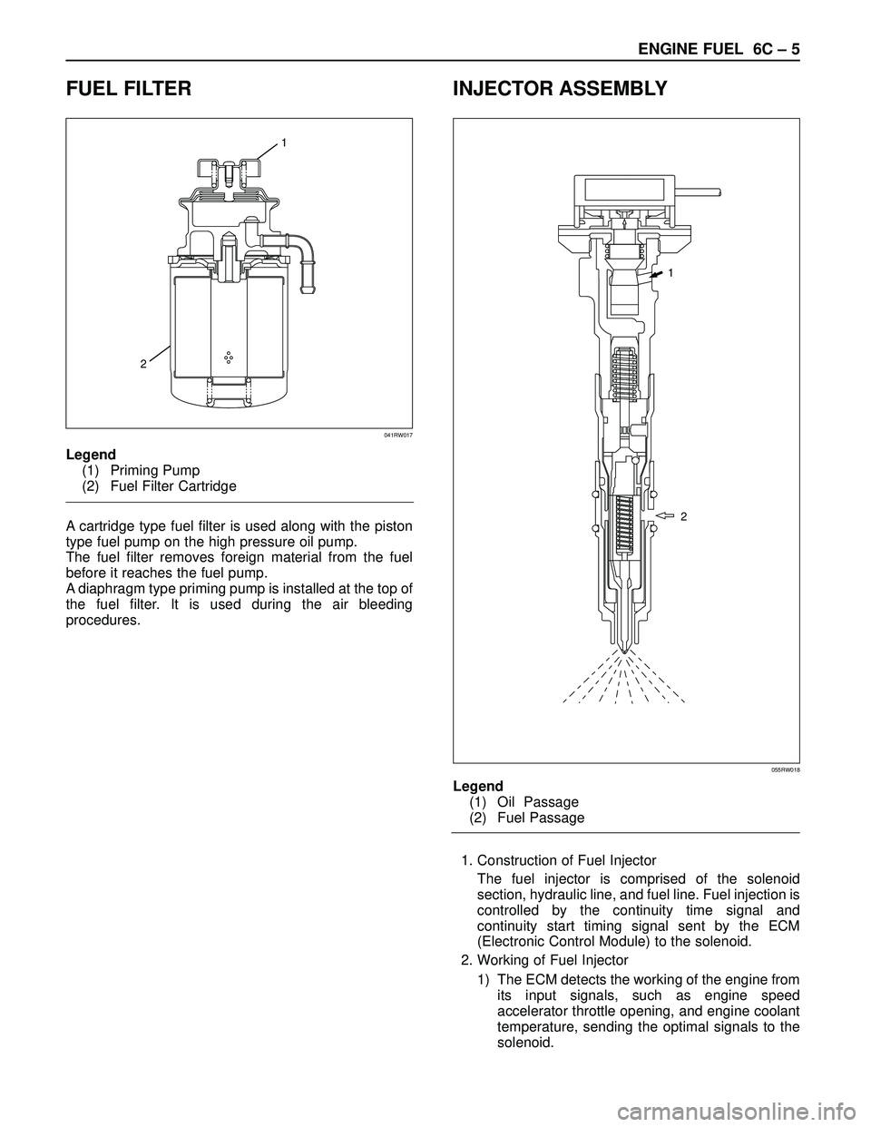 ISUZU TROOPER 1998  Service Repair Manual ENGINE FUEL 6C – 5
FUEL FILTER
Legend
(1) Priming Pump
(2) Fuel Filter Cartridge
A cartridge type fuel filter is used along with the piston
type fuel pump on the high pressure oil pump.
The fuel fil