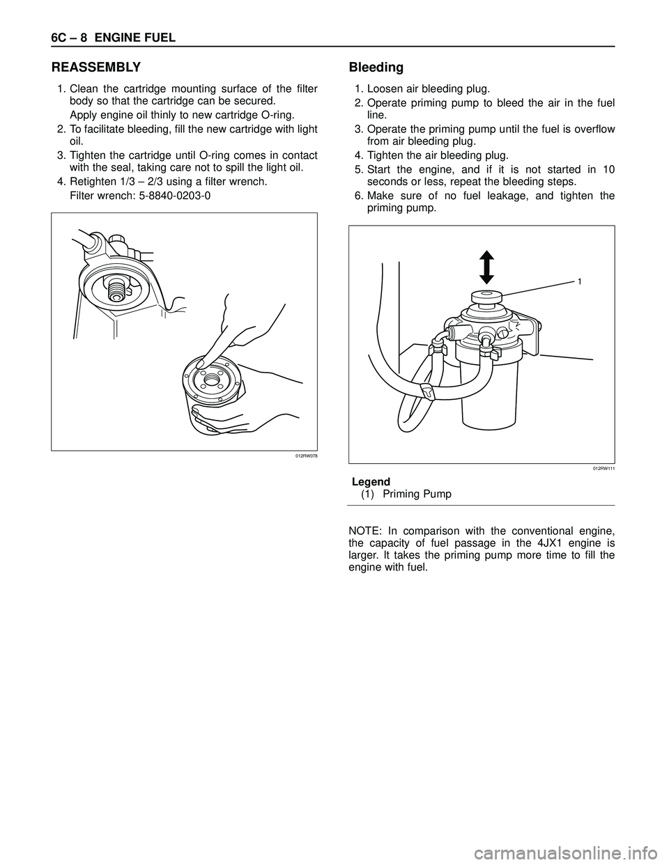 ISUZU TROOPER 1998 Service Repair Manual 6C – 8 ENGINE FUEL
REASSEMBLY
1. Clean the cartridge mounting surface of the filter
body so that the cartridge can be secured.
Apply engine oil thinly to new cartridge O-ring.
2. To facilitate bleed ISUZU TROOPER 1998 Service Repair Manual 6C – 8 ENGINE FUEL
REASSEMBLY
1. Clean the cartridge mounting surface of the filter
body so that the cartridge can be secured.
Apply engine oil thinly to new cartridge O-ring.
2. To facilitate bleed