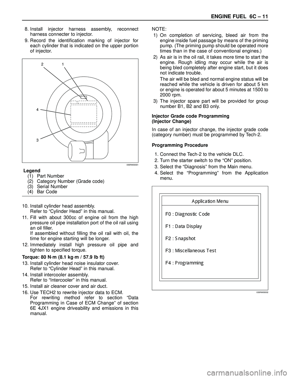 ISUZU TROOPER 1998 Service Repair Manual ENGINE FUEL 6C – 11
8. Install injector harness assembly, reconnect
harness connecter to injector.
9. Record the identification marking of injector for
each cylinder that is indicated on the upper p ISUZU TROOPER 1998 Service Repair Manual ENGINE FUEL 6C – 11
8. Install injector harness assembly, reconnect
harness connecter to injector.
9. Record the identification marking of injector for
each cylinder that is indicated on the upper p