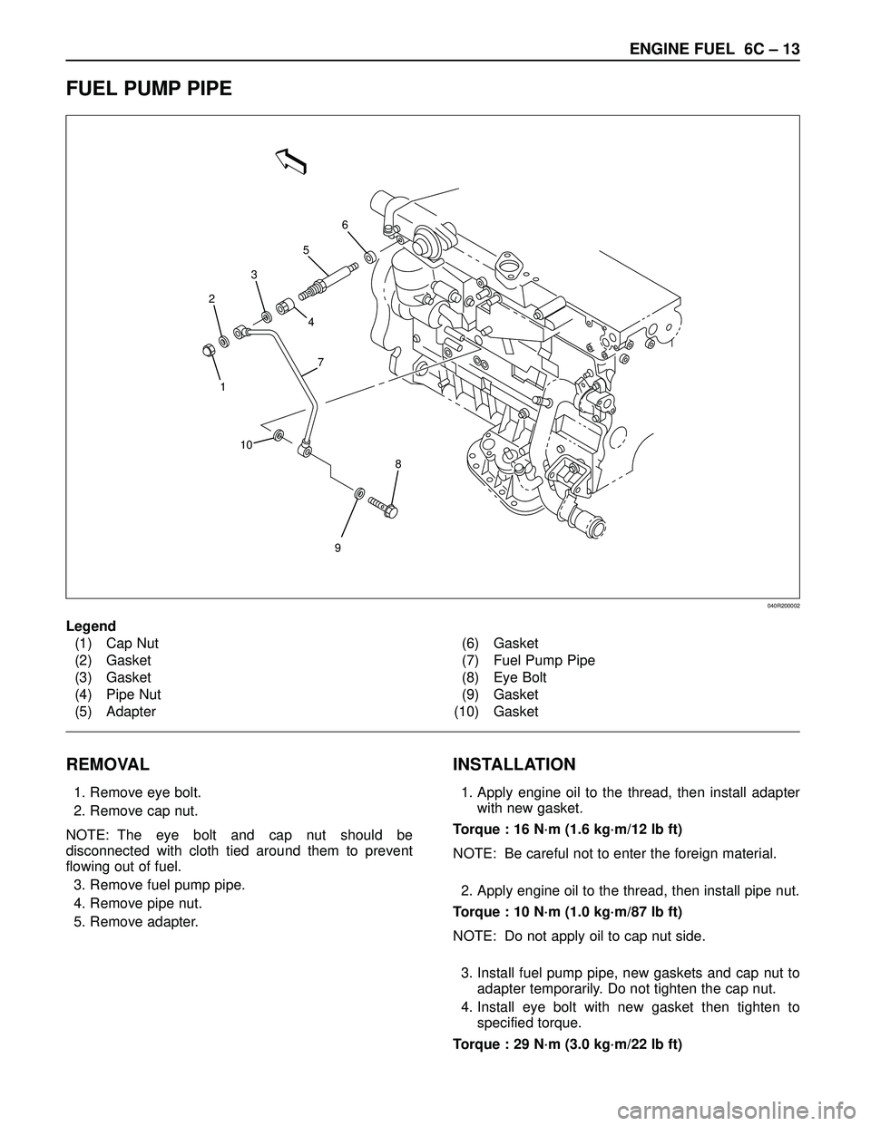ISUZU TROOPER 1998  Service Repair Manual ENGINE FUEL 6C – 13
FUEL PUMP PIPE
6
23
10
98 5
4
7
1
Legend
(1) Cap Nut
(2) Gasket
(3) Gasket
(4) Pipe Nut
(5) Adapter(6) Gasket
(7) Fuel Pump Pipe
(8) Eye Bolt
(9) Gasket
(10) Gasket
040R200002
RE
