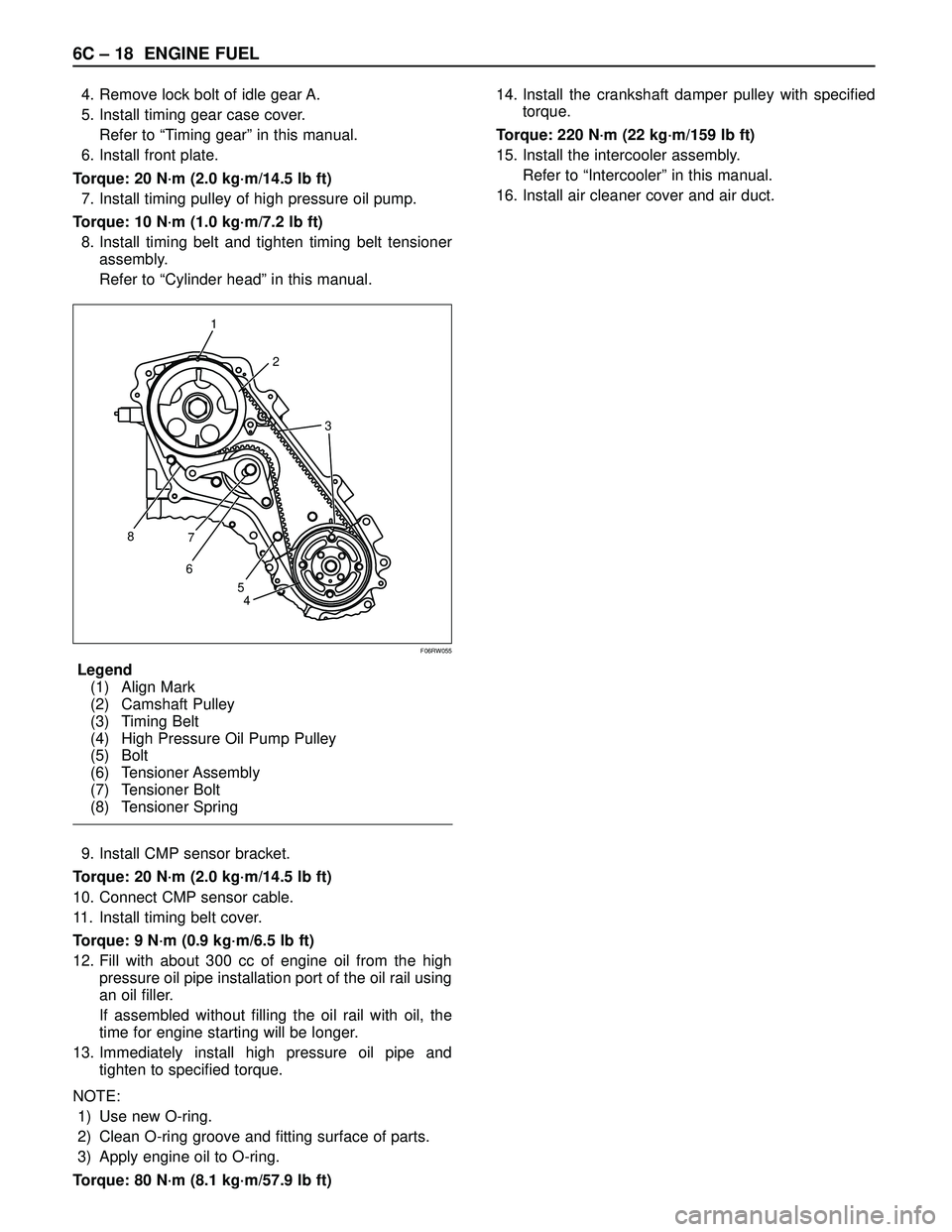 ISUZU TROOPER 1998 Service Repair Manual 6C – 18 ENGINE FUEL
4. Remove lock bolt of idle gear A.
5. Install timing gear case cover.
Refer to “Timing gear” in this manual.
6. Install front plate.
Torque: 20 N·m (2.0 kg·m/14.5 lb ft)
7 ISUZU TROOPER 1998 Service Repair Manual 6C – 18 ENGINE FUEL
4. Remove lock bolt of idle gear A.
5. Install timing gear case cover.
Refer to “Timing gear” in this manual.
6. Install front plate.
Torque: 20 N·m (2.0 kg·m/14.5 lb ft)
7