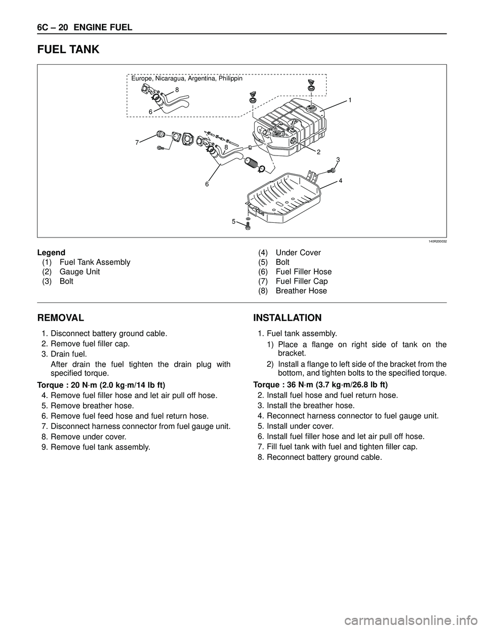 ISUZU TROOPER 1998 Service Repair Manual 6C – 20 ENGINE FUEL
FUEL TANK
REMOVAL
1. Disconnect battery ground cable.
2. Remove fuel filler cap.
3. Drain fuel.
After drain the fuel tighten the drain plug with
specified torque.
Torque : 20 N· ISUZU TROOPER 1998 Service Repair Manual 6C – 20 ENGINE FUEL
FUEL TANK
REMOVAL
1. Disconnect battery ground cable.
2. Remove fuel filler cap.
3. Drain fuel.
After drain the fuel tighten the drain plug with
specified torque.
Torque : 20 N·