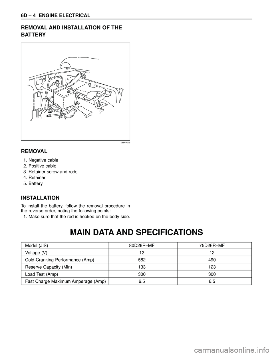 ISUZU TROOPER 1998 Service Repair Manual 6D – 4 ENGINE ELECTRICAL
REMOVAL AND INSTALLATION OF THE
BATTERY
REMOVAL
1. Negative cable
2. Positive cable
3. Retainer screw and rods
4. Retainer
5. Battery
INSTALLATION
To install the battery, fo ISUZU TROOPER 1998 Service Repair Manual 6D – 4 ENGINE ELECTRICAL
REMOVAL AND INSTALLATION OF THE
BATTERY
REMOVAL
1. Negative cable
2. Positive cable
3. Retainer screw and rods
4. Retainer
5. Battery
INSTALLATION
To install the battery, fo