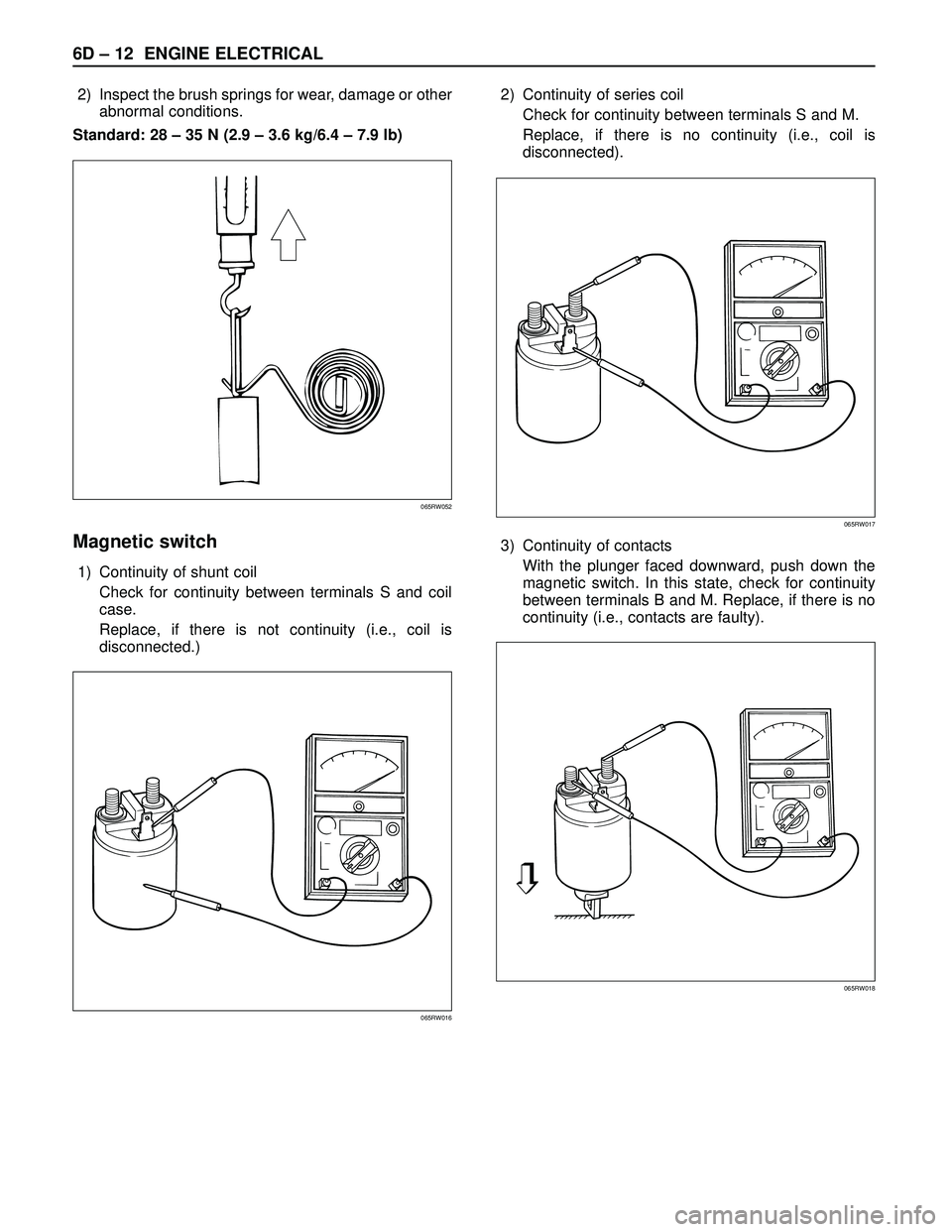 ISUZU TROOPER 1998 Service Repair Manual 6D – 12 ENGINE ELECTRICAL
2) Inspect the brush springs for wear, damage or other
abnormal conditions.
Standard: 28 – 35 N (2.9 – 3.6 kg/6.4 – 7.9 lb)
Magnetic switch
1) Continuity of shunt coi ISUZU TROOPER 1998 Service Repair Manual 6D – 12 ENGINE ELECTRICAL
2) Inspect the brush springs for wear, damage or other
abnormal conditions.
Standard: 28 – 35 N (2.9 – 3.6 kg/6.4 – 7.9 lb)
Magnetic switch
1) Continuity of shunt coi