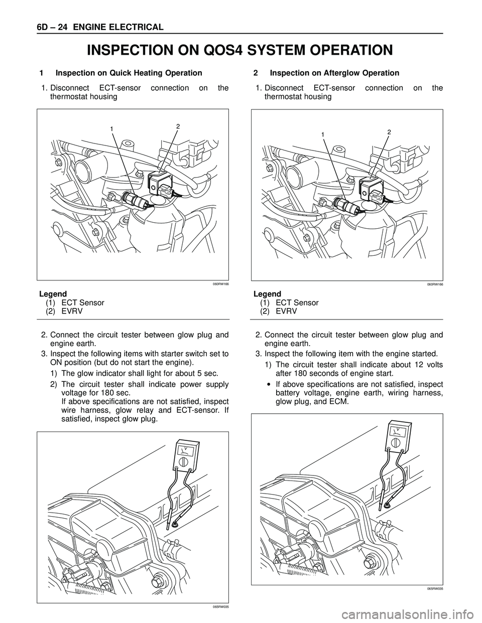 ISUZU TROOPER 1998 Service Repair Manual 6D – 24 ENGINE ELECTRICAL
1 Inspection on Quick Heating Operation
1. Disconnect ECT-sensor connection on the
thermostat housing
Legend
(1) ECT Sensor
(2) EVRV
2. Connect the circuit tester between g ISUZU TROOPER 1998 Service Repair Manual 6D – 24 ENGINE ELECTRICAL
1 Inspection on Quick Heating Operation
1. Disconnect ECT-sensor connection on the
thermostat housing
Legend
(1) ECT Sensor
(2) EVRV
2. Connect the circuit tester between g