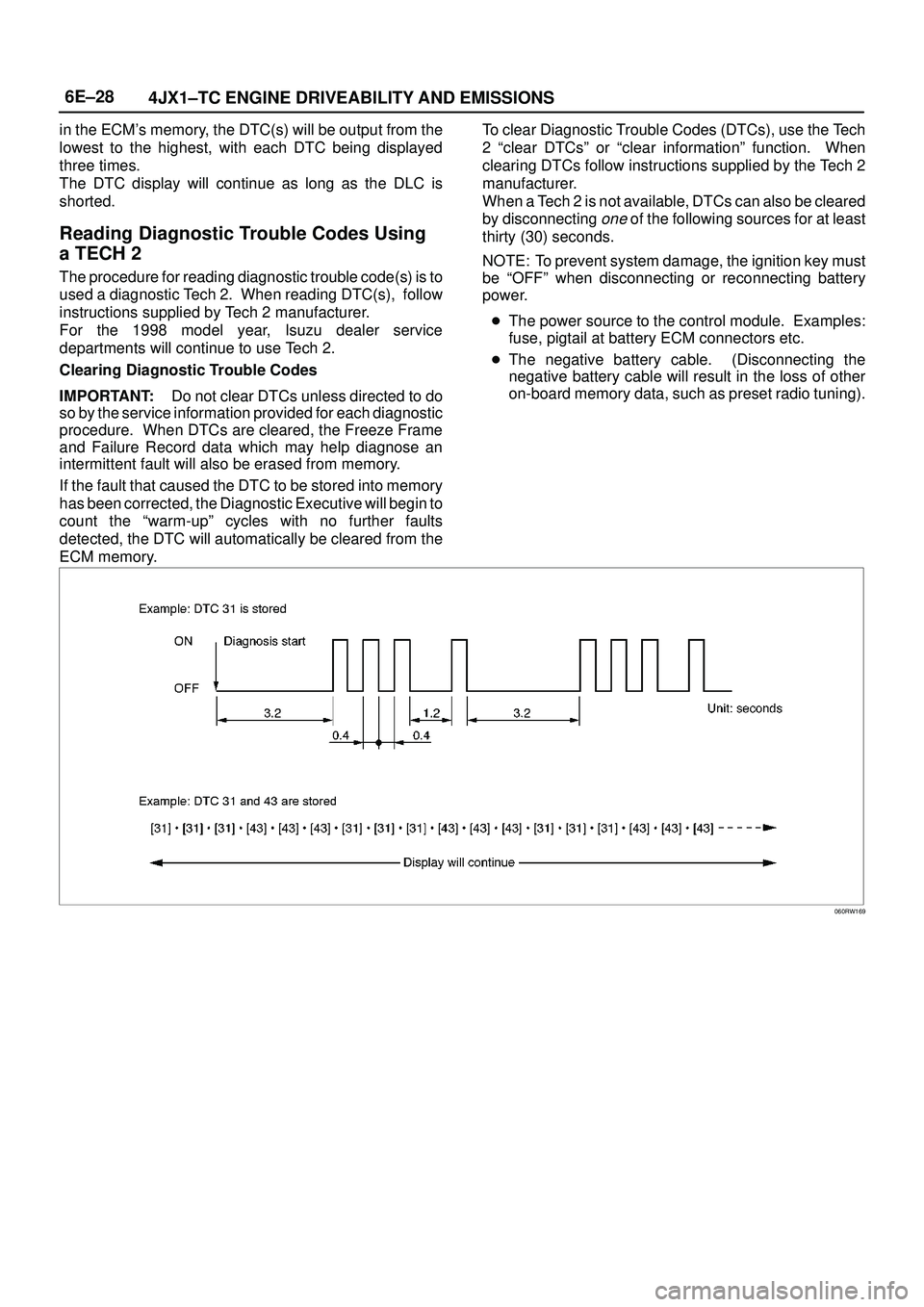 ISUZU TROOPER 1998  Service Repair Manual 6E±28
4JX1±TC ENGINE DRIVEABILITY AND EMISSIONS
in the ECMs memory, the DTC(s) will be output from the
lowest to the highest, with each DTC being displayed
three times.
The DTC display will continu