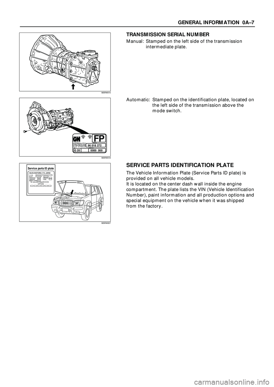 ISUZU TROOPER 1998  Service Owners Manual GENERAL INFORMATION 0AÐ7
TRANSMISSION SERIAL NUMBER
Manual: Stamped on the left side of the transmission
intermediate plate.
Automatic: Stamped on the identification plate, located on
the left side o