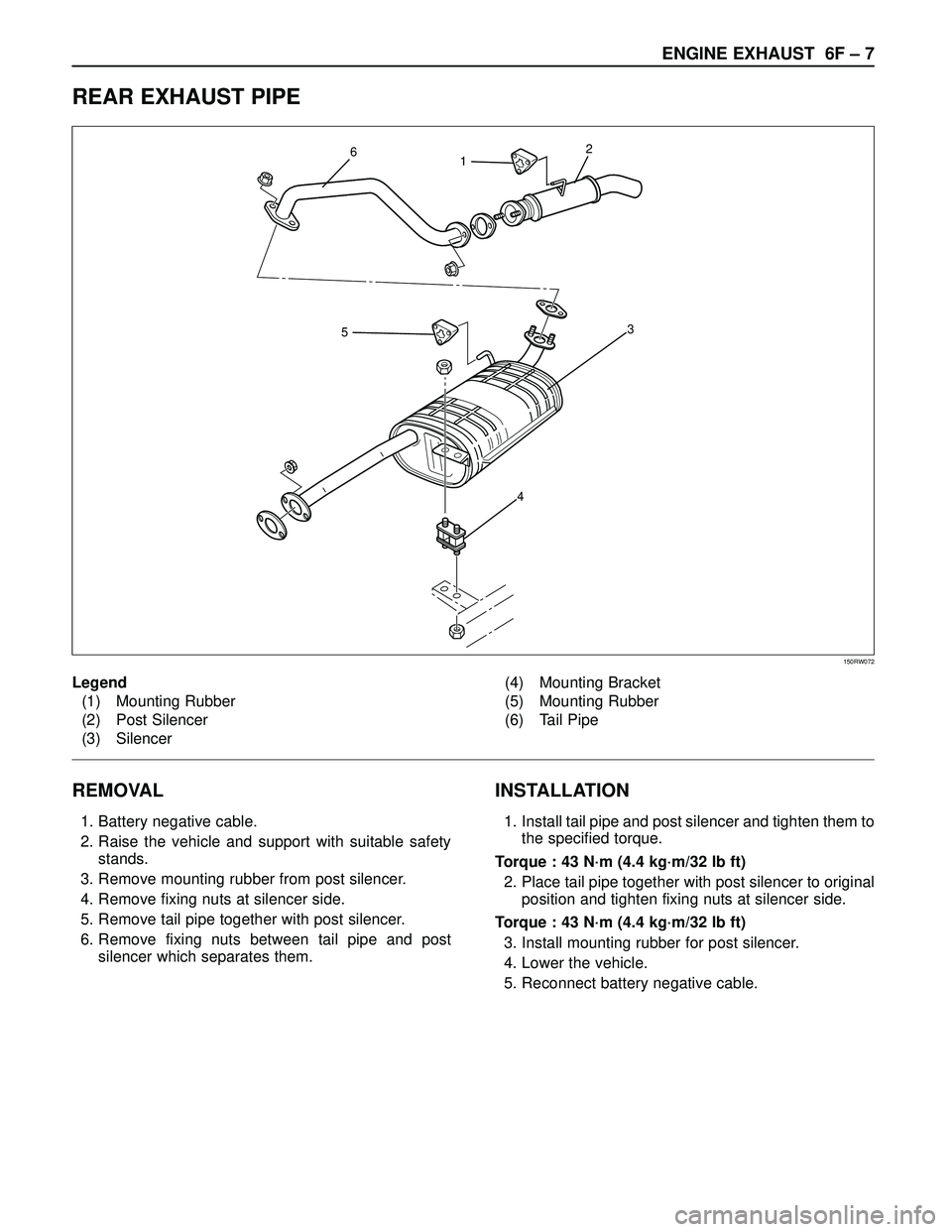 ISUZU TROOPER 1998  Service Repair Manual ENGINE EXHAUST  6F – 7
REAR EXHAUST PIPE
REMOVAL
1. Battery negative cable.
2. Raise the vehicle and support with suitable safety
stands.
3. Remove mounting rubber from post silencer.
4. Remove fixi