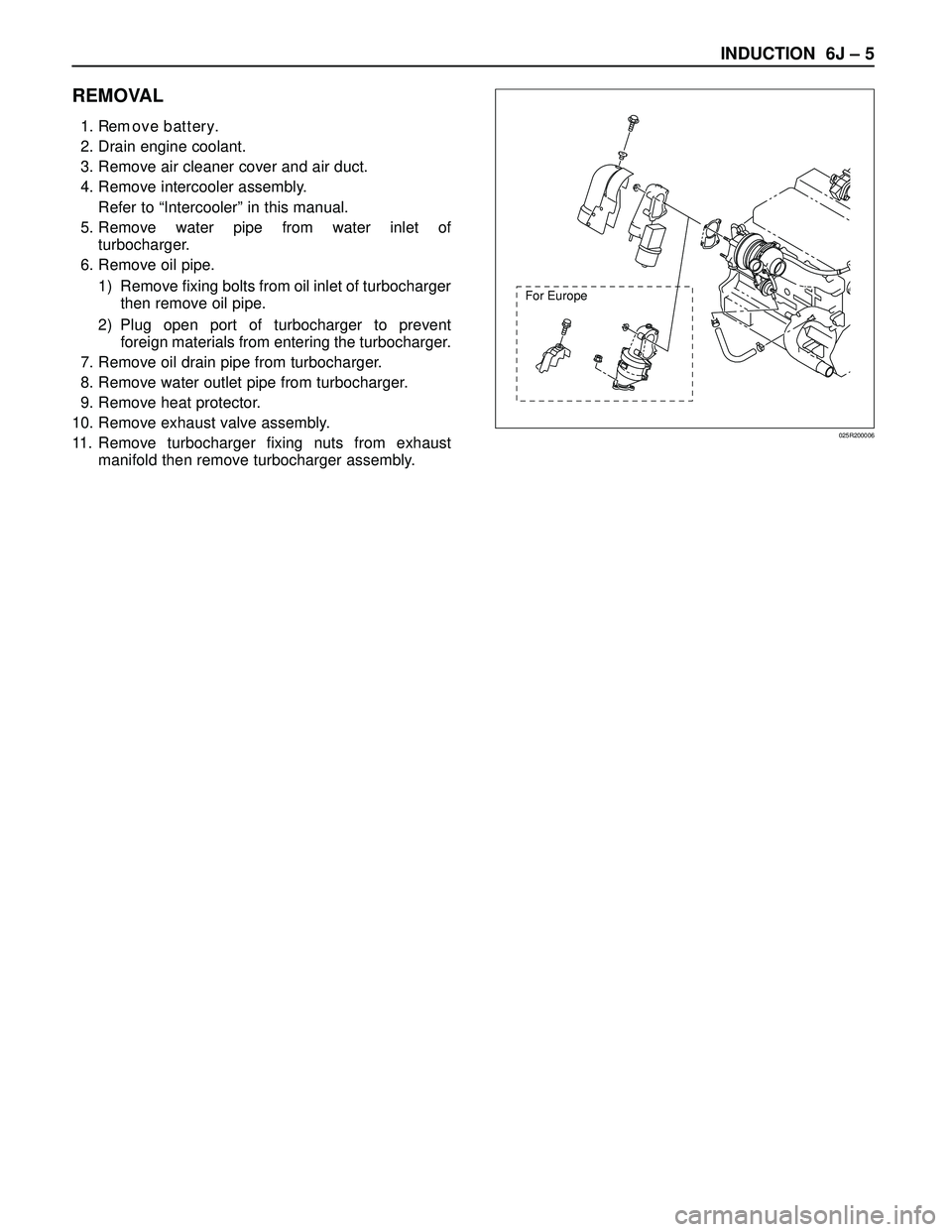 ISUZU TROOPER 1998  Service Repair Manual INDUCTION  6J – 5
REMOVAL
1. Remove battery.
2. Drain engine coolant.
3. Remove air cleaner cover and air duct.
4. Remove intercooler assembly.
Refer to “Intercooler” in this manual.
5. Remove w