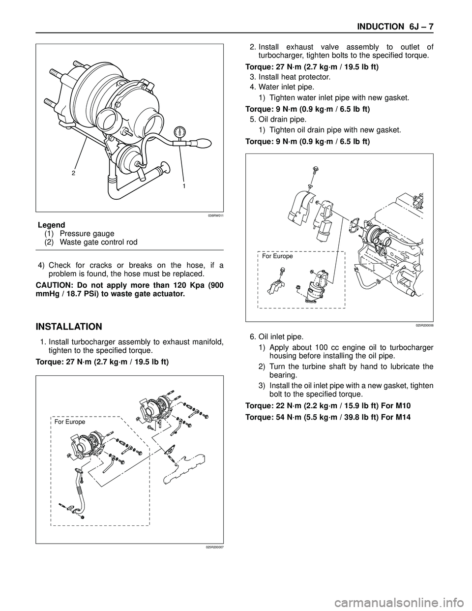 ISUZU TROOPER 1998  Service Repair Manual INDUCTION  6J – 7
Legend
(1) Pressure gauge
(2) Waste gate control rod
4) Check for cracks or breaks on the hose, if a
problem is found, the hose must be replaced.
CAUTION: Do not apply more than 12