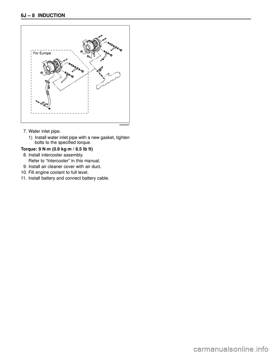 ISUZU TROOPER 1998  Service Repair Manual 6J – 8 INDUCTION
7. Water inlet pipe.
1) Install water inlet pipe with a new gasket, tighten
bolts to the specified torque.
Torque: 9 N·m (0.9 kg·m / 6.5 lb ft)
8. Install intercooler assembly.
Re