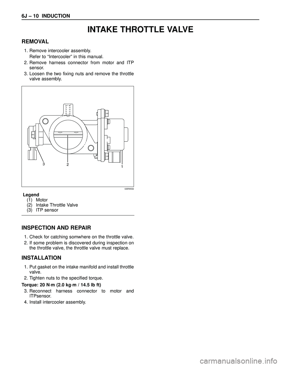 ISUZU TROOPER 1998  Service Repair Manual 6J – 10 INDUCTION
REMOVAL
1. Remove intercooler assembly.
Refer to “Intercooler” in this manual.
2. Remove harness connector from motor and ITP
sensor.
3. Loosen the two fixing nuts and remove t