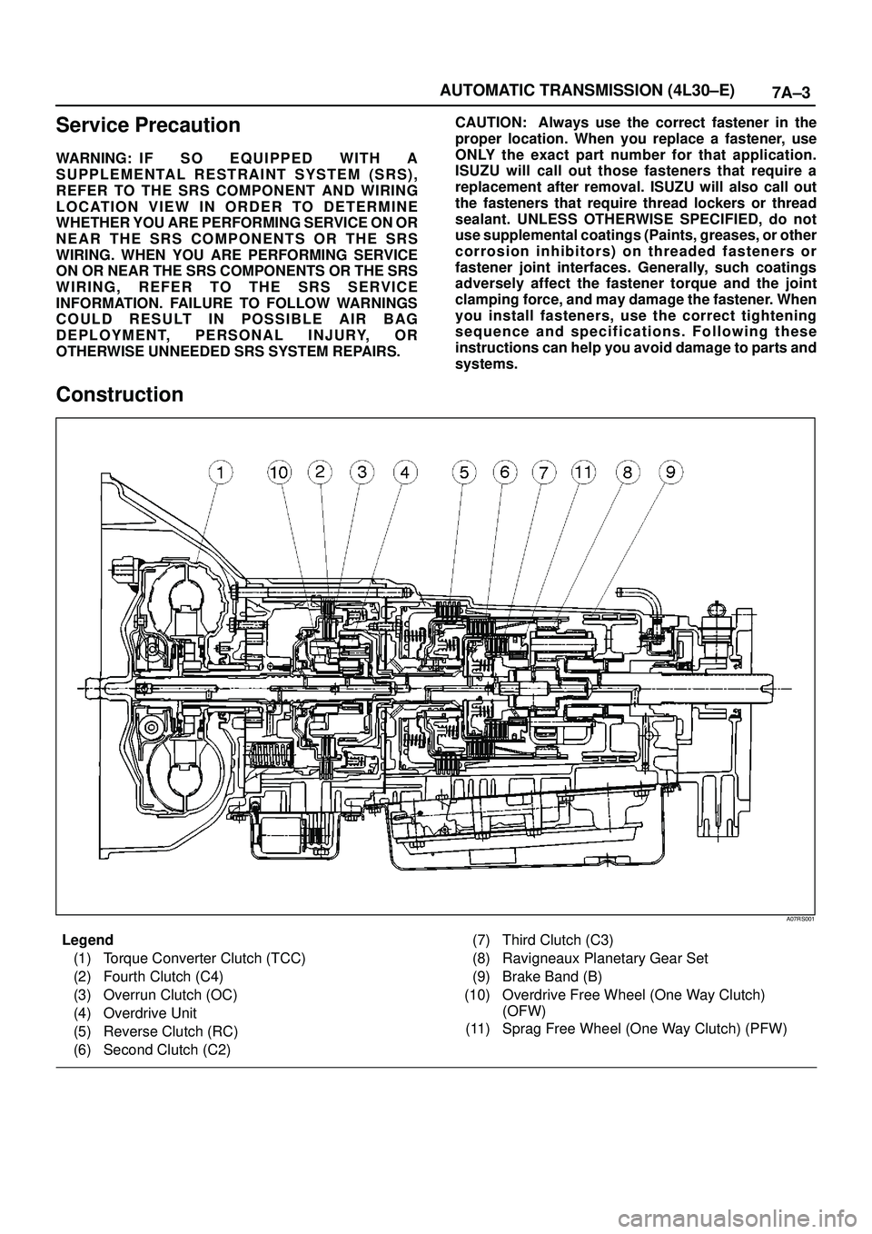 ISUZU TROOPER 1998  Service Repair Manual 7A±3 AUTOMATIC TRANSMISSION (4L30±E)
Service Precaution
WARNING: I F S O E Q U IPPED WITH A
SUPPLEMENTAL RESTRAINT SYSTEM (SRS),
REFER TO THE SRS COMPONENT AND WIRING
LOCATION VIEW IN ORDER TO DETER