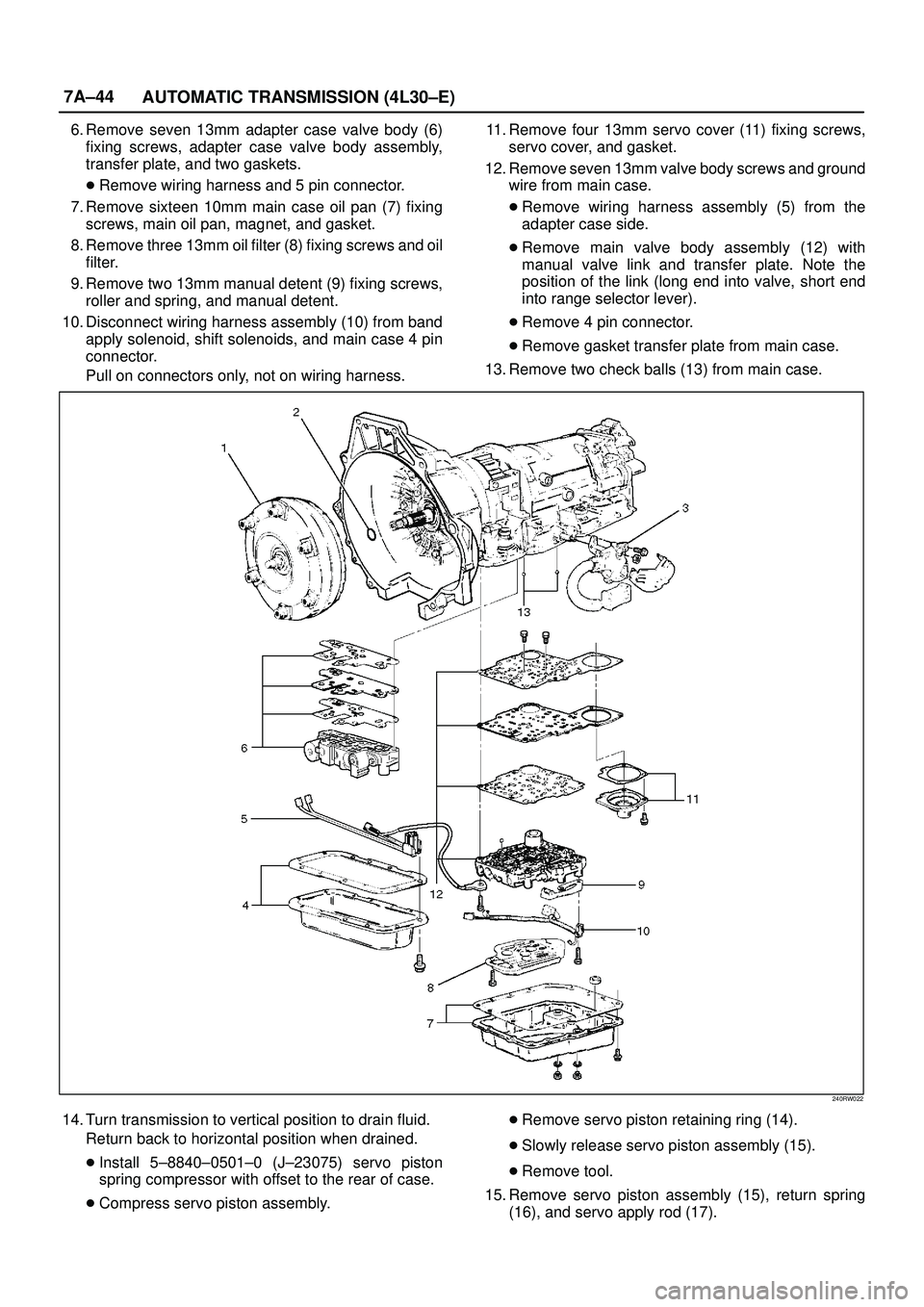 ISUZU TROOPER 1998  Service Repair Manual 7A±44
AUTOMATIC TRANSMISSION (4L30±E)
6. Remove seven 13mm adapter case valve body (6)
fixing screws, adapter case valve body assembly,
transfer plate, and two gaskets.
Remove wiring harness and 5 