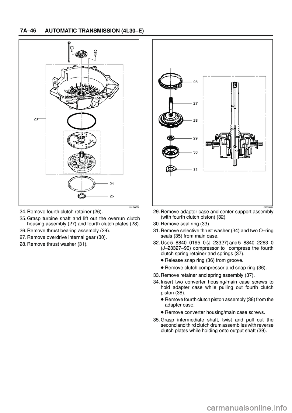 ISUZU TROOPER 1998  Service Repair Manual 7A±46
AUTOMATIC TRANSMISSION (4L30±E)
241RW004
24. Remove fourth clutch retainer (26).
25. Grasp turbine shaft and lift out the overrun clutch
housing assembly (27) and fourth clutch plates (28).
26