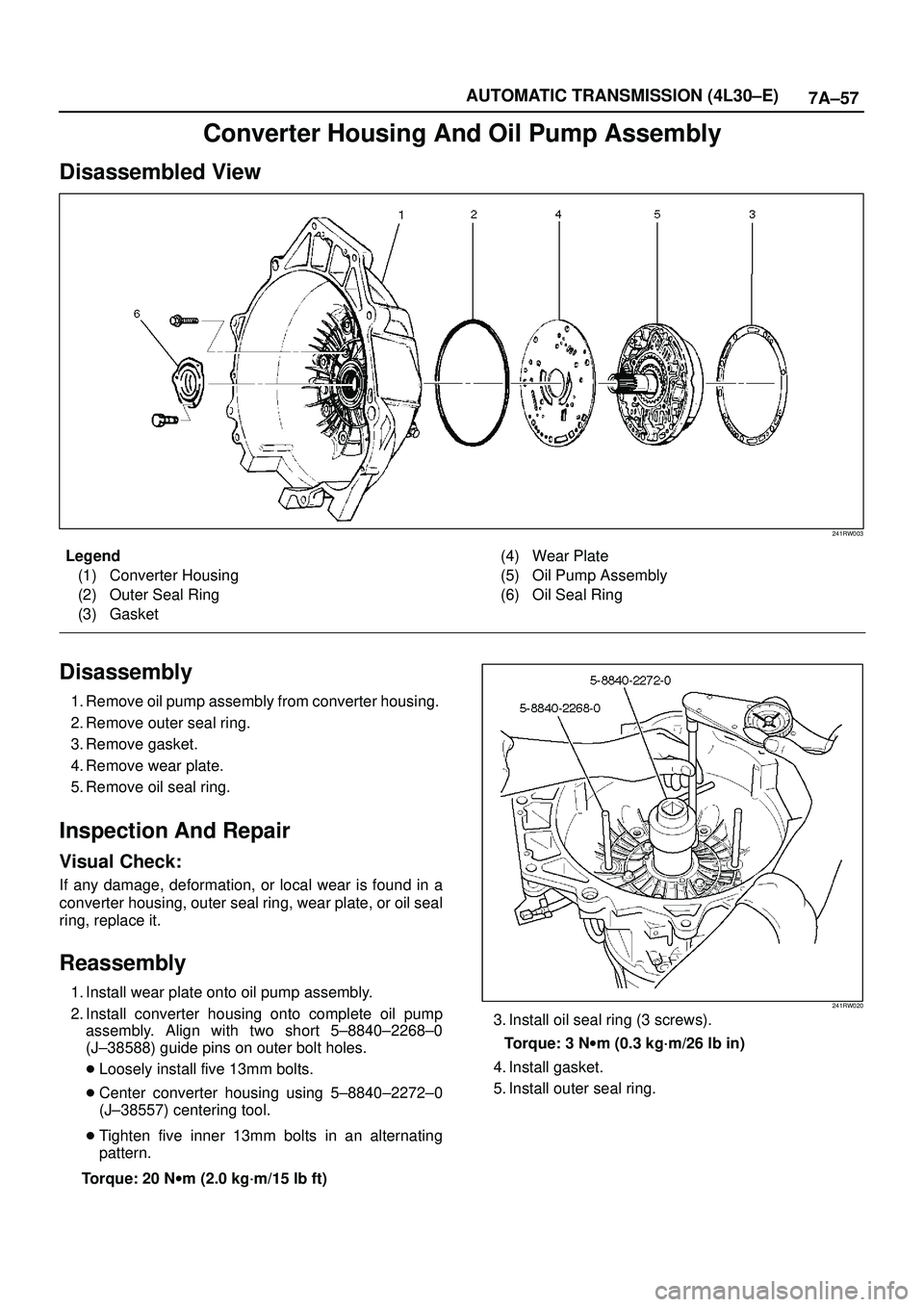 ISUZU TROOPER 1998  Service Repair Manual 7A±57 AUTOMATIC TRANSMISSION (4L30±E)
Converter Housing And Oil Pump Assembly
Disassembled View
241RW003
Legend
(1) Converter Housing
(2) Outer Seal Ring
(3) Gasket(4) Wear Plate
(5) Oil Pump Assemb