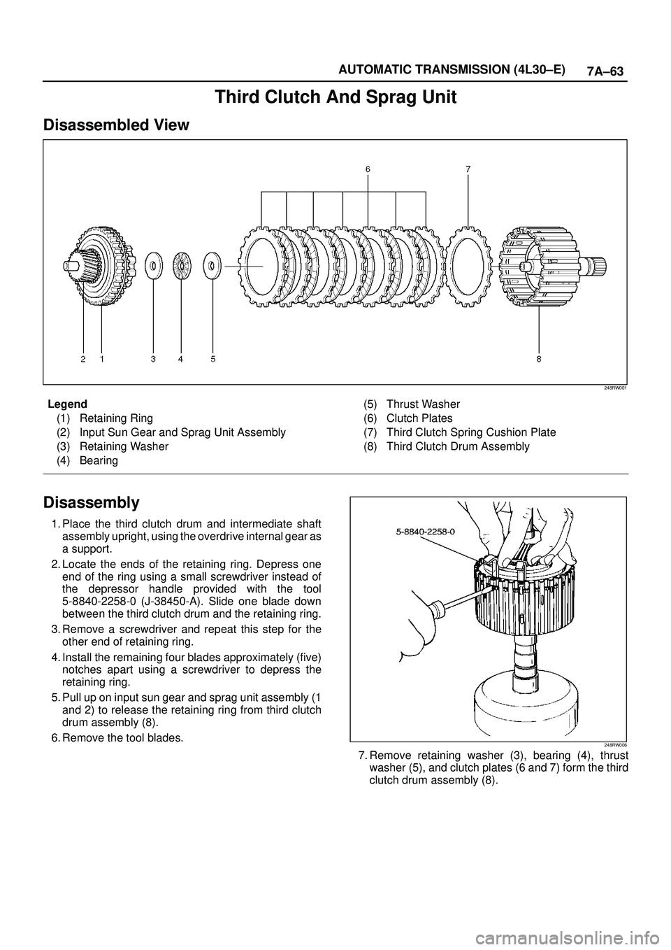 ISUZU TROOPER 1998  Service Repair Manual 7A±63 AUTOMATIC TRANSMISSION (4L30±E)
Third Clutch And Sprag Unit
Disassembled View
248RW001
Legend
(1) Retaining Ring
(2) Input Sun Gear and Sprag Unit Assembly
(3) Retaining Washer
(4) Bearing(5) 
