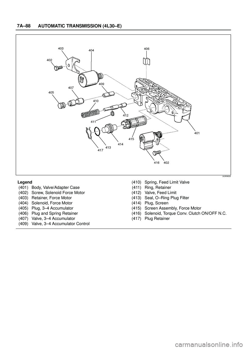 ISUZU TROOPER 1998 Service Repair Manual 7A±88
AUTOMATIC TRANSMISSION (4L30±E)
243RW003
Legend
(401) Body, Valve/Adapter Case
(402) Screw, Solenoid Force Motor
(403) Retainer, Force Motor
(404) Solenoid, Force Motor
(405) Plug, 3±4 Accumu ISUZU TROOPER 1998 Service Repair Manual 7A±88
AUTOMATIC TRANSMISSION (4L30±E)
243RW003
Legend
(401) Body, Valve/Adapter Case
(402) Screw, Solenoid Force Motor
(403) Retainer, Force Motor
(404) Solenoid, Force Motor
(405) Plug, 3±4 Accumu