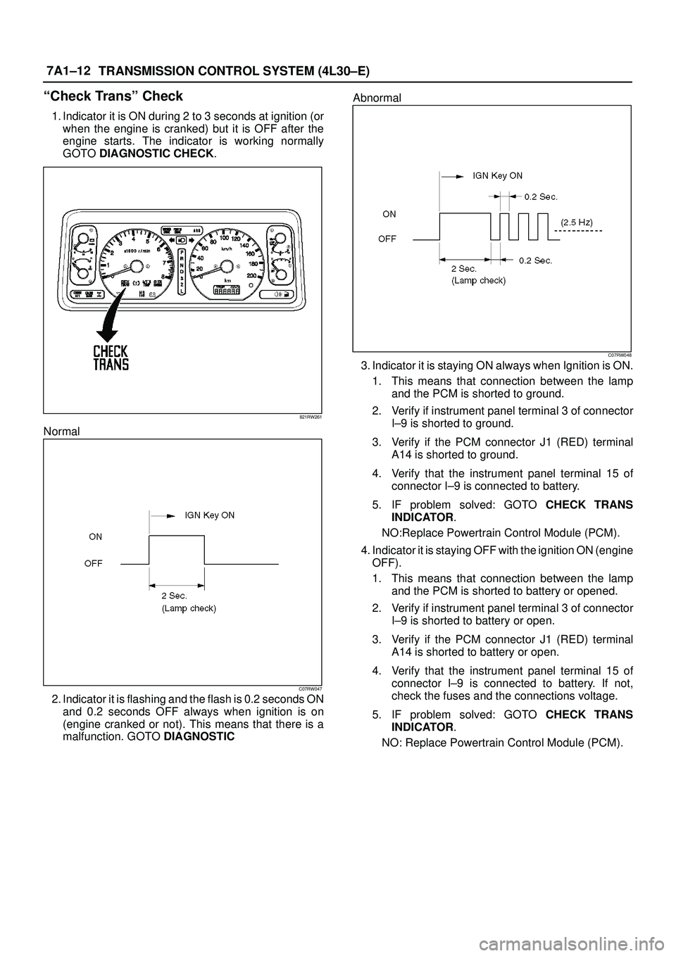 ISUZU TROOPER 1998  Service Repair Manual 7A1±12
TRANSMISSION CONTROL SYSTEM (4L30±E)
ªCheck Transº Check
1. Indicator it is ON during 2 to 3 seconds at ignition (or
when the engine is cranked) but it is OFF after the
engine starts. The i