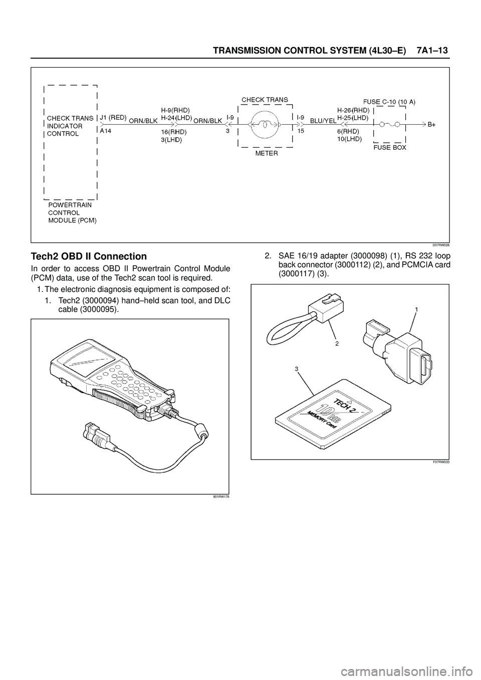 ISUZU TROOPER 1998  Service Repair Manual TRANSMISSION CONTROL SYSTEM (4L30±E)7A1±13
D07RW028
Tech2 OBD II Connection
In order to access OBD II Powertrain Control Module
(PCM) data, use of the Tech2 scan tool is required.
1. The electronic 