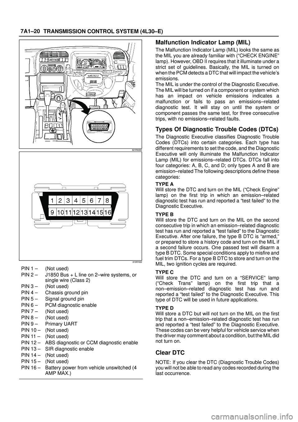 ISUZU TROOPER 1998  Service Repair Manual 7A1±20
TRANSMISSION CONTROL SYSTEM (4L30±E)
821RW263
810RT022
PIN 1 ± (Not used)
PIN 2 ± J1850 Bus + L line on 2±wire systems, or
single wire (Class 2)
PIN 3 ± (Not used)
PIN 4 ± Chassis ground