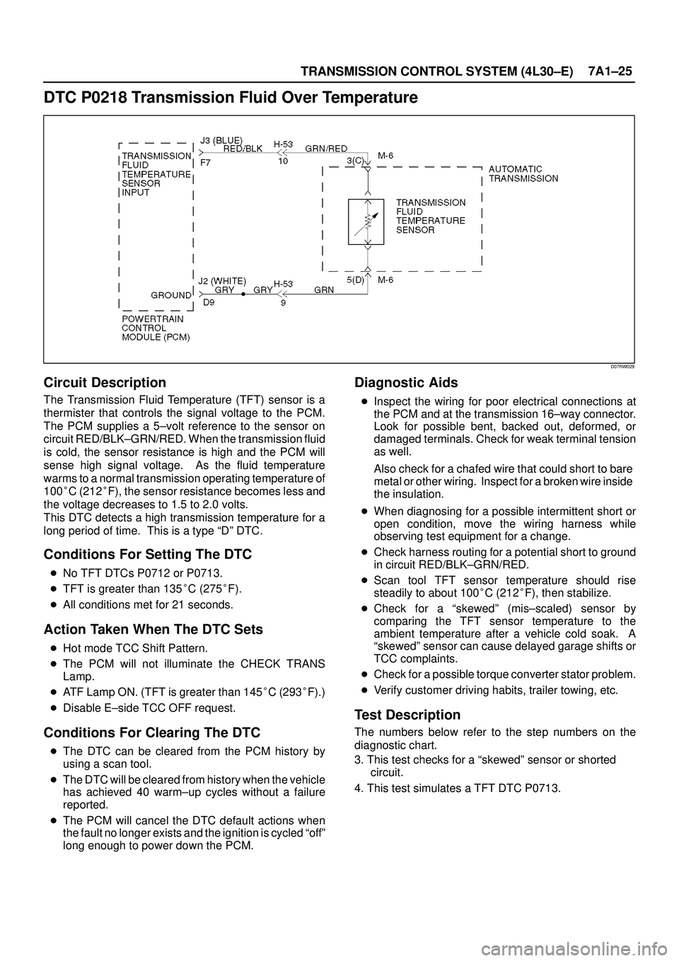 ISUZU TROOPER 1998  Service Repair Manual TRANSMISSION CONTROL SYSTEM (4L30±E)7A1±25
DTC P0218 Transmission Fluid Over Temperature
D07RW029
Circuit Description
The Transmission Fluid Temperature (TFT) sensor is a
thermister that controls th