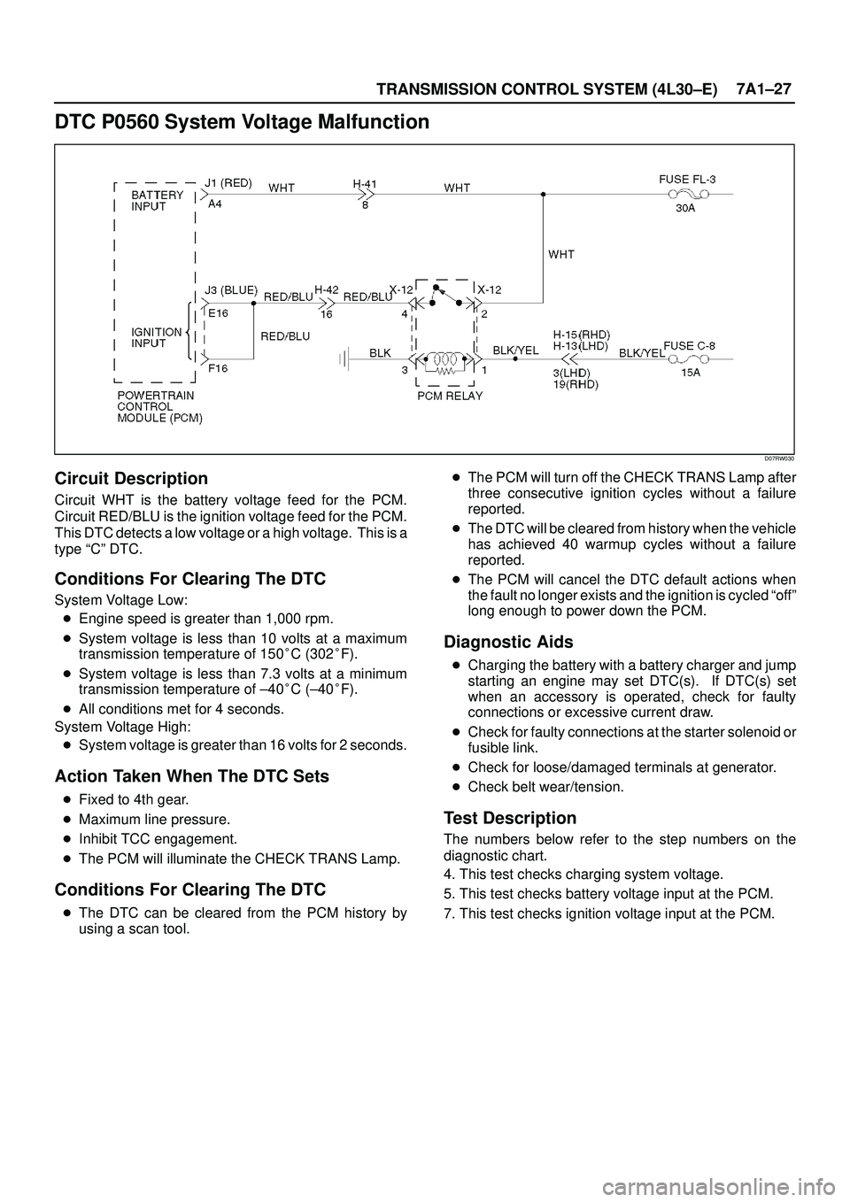 ISUZU TROOPER 1998  Service Manual PDF TRANSMISSION CONTROL SYSTEM (4L30±E)7A1±27
DTC P0560 System Voltage Malfunction
D07RW030
Circuit Description
Circuit WHT is the battery voltage feed for the PCM.
Circuit RED/BLU is the ignition volt