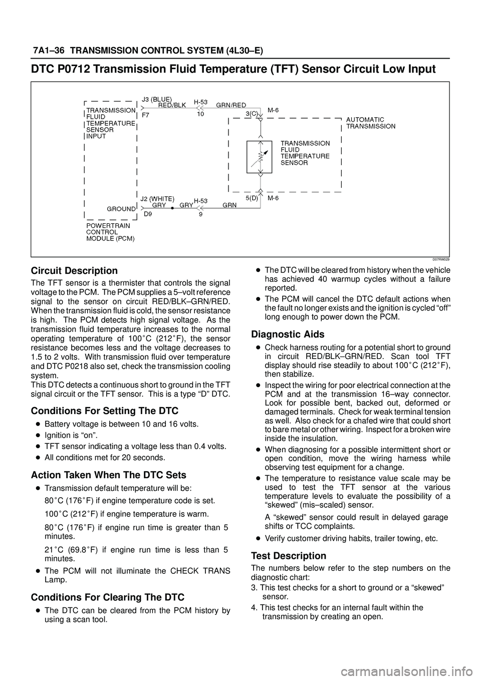 ISUZU TROOPER 1998  Service Repair Manual 7A1±36
TRANSMISSION CONTROL SYSTEM (4L30±E)
DTC P0712 Transmission Fluid Temperature (TFT) Sensor Circuit Low Input
D07RW029
Circuit Description
The TFT sensor is a thermister that controls the sign